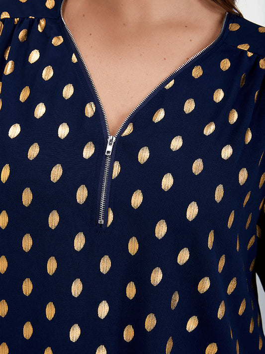 Polka Dot V Neck Zipper Ruched Blouse