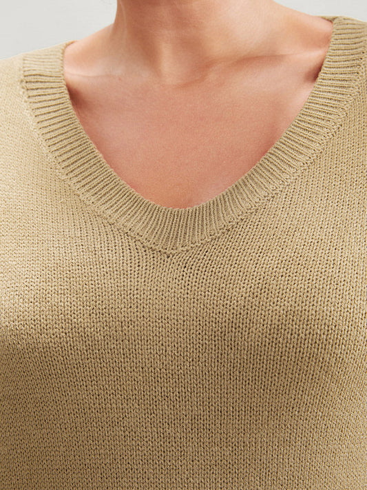 Plain Pointelle Knit V Neck Knit Top