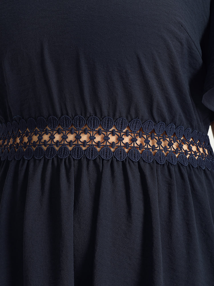 Solid V Neck Eyelet Lace Split Sleeve Midi Dress