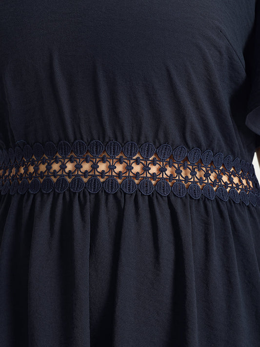 Solid V Neck Eyelet Lace Split Sleeve Midi Dress