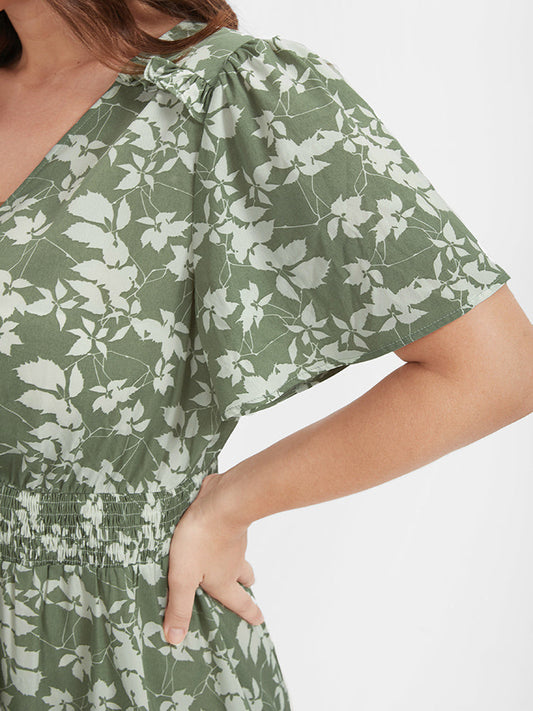 Floral Shirred V Neck Ruffles Trim Dress