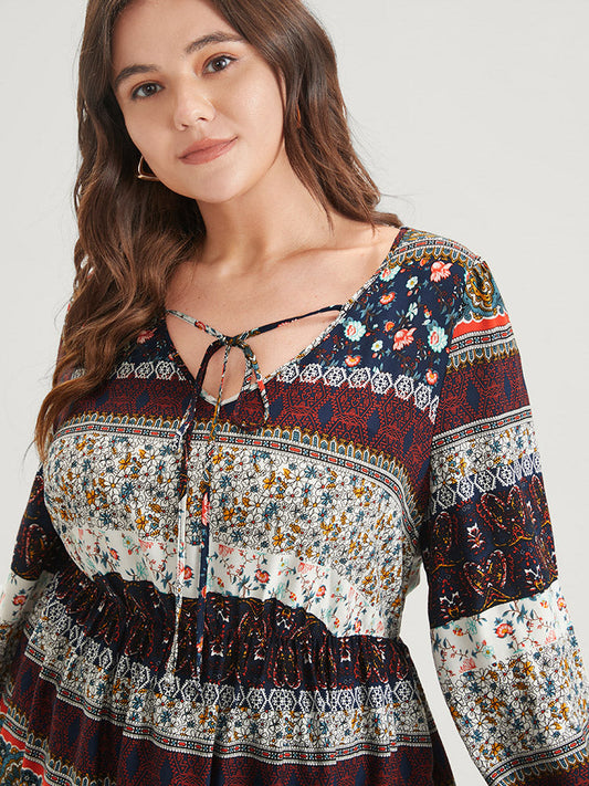 Bandana Elastic Waist Lantern Sleeve Tie Neck Blouse