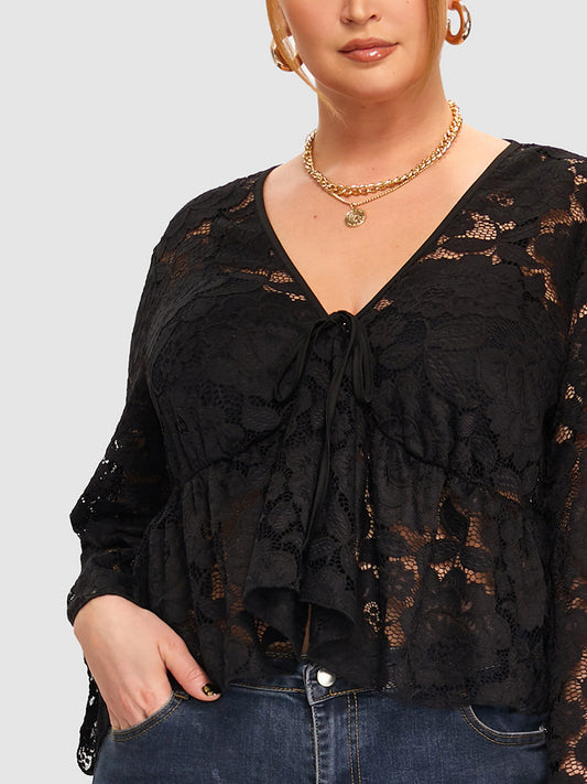 Guipure Lace Sheer Tie Front Top Without Bra