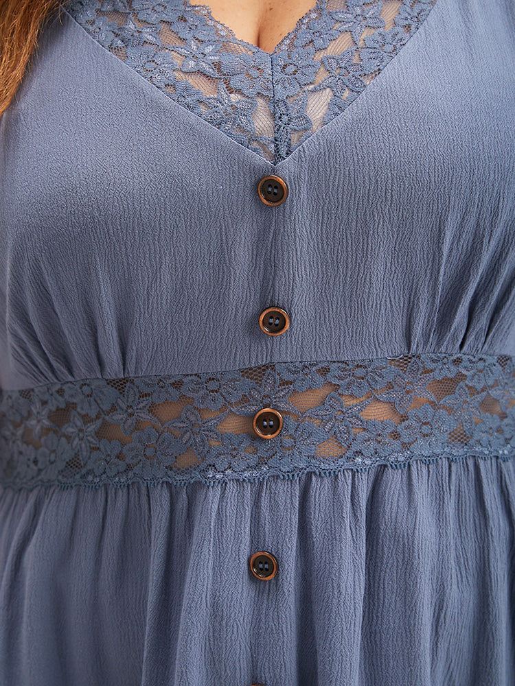 Solid Ruffles Crochet Lace Button Tank Top