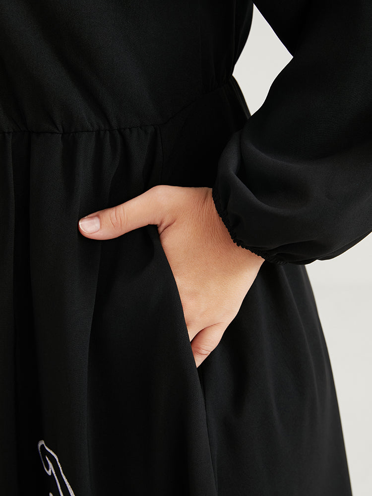 Bandana Embroidered Pocket Lantern Sleeve V Neck Maxi Dress