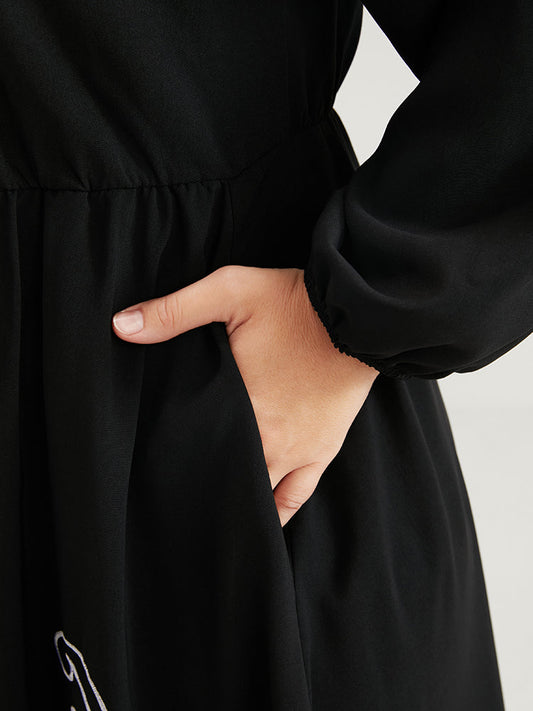 Bandana Embroidered Pocket Lantern Sleeve V Neck Maxi Dress