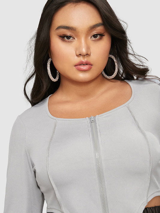 Zipper Asymmetrical Hem Crop Knit Top
