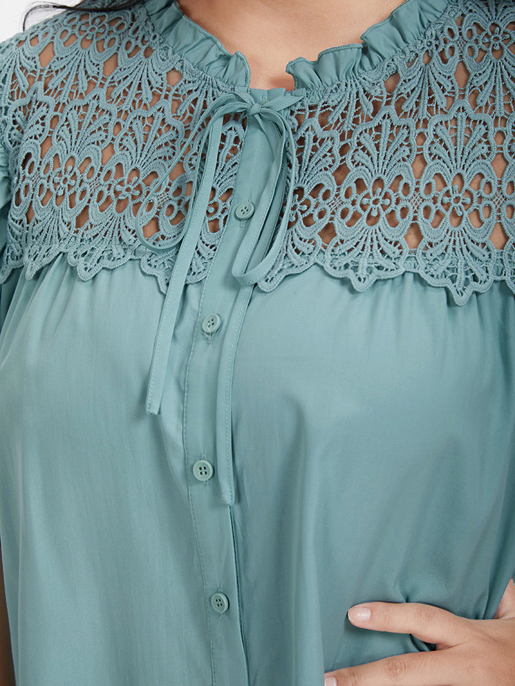 Solid Button Ties Ruffled Lace Shirt Collar Blouse
