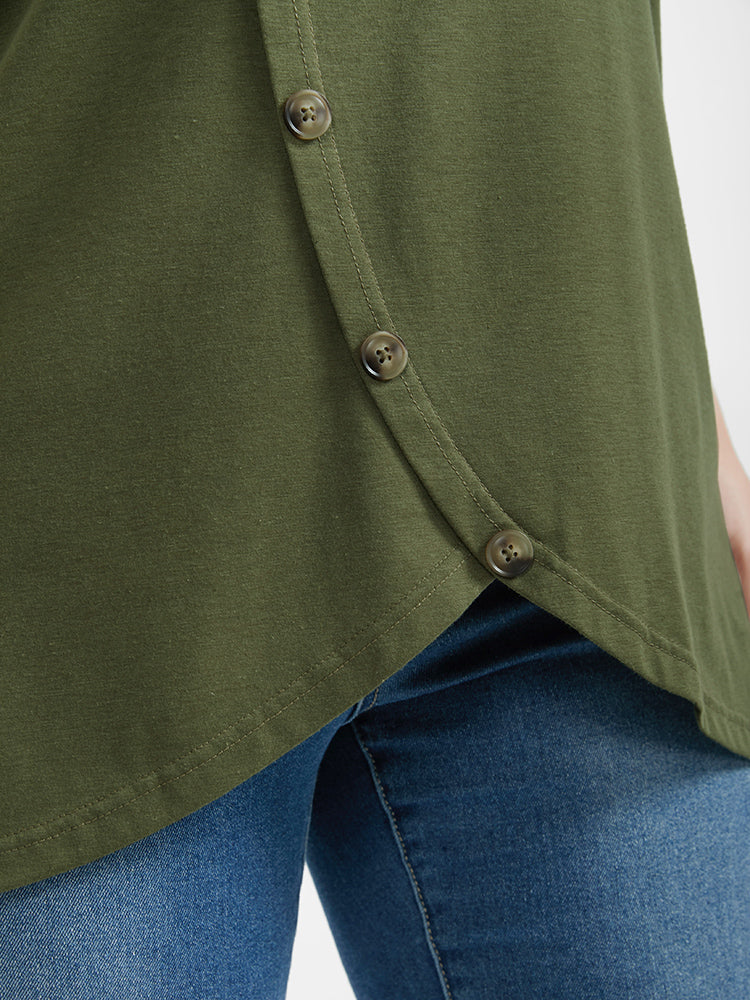 Solid Button Wrap Hem Round Neck T-shirt