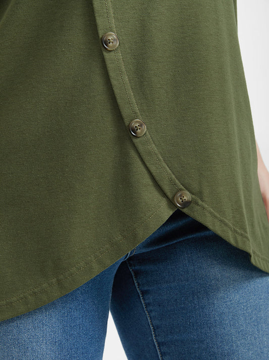 Solid Button Wrap Hem Round Neck T-shirt