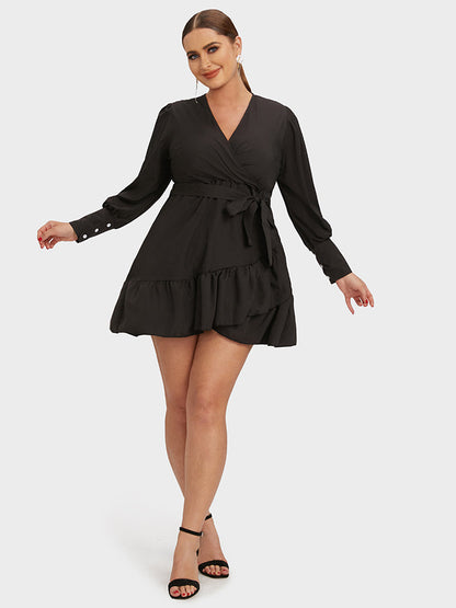 Lantern Sleeve Ruffled Wrap Knot Dress