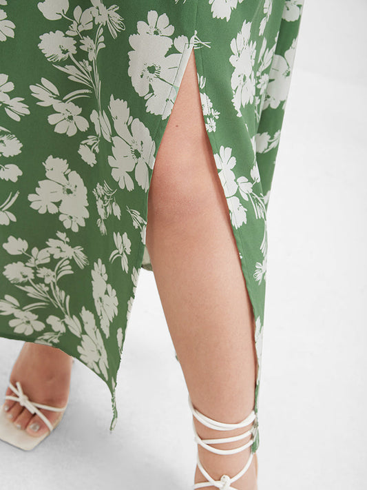 Floral Split Pocket Flutter Square Neck Midi Dress