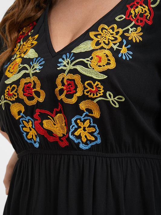 Bloom Dress -Bandana Embroidered Ruffles V Neck Midi Dress