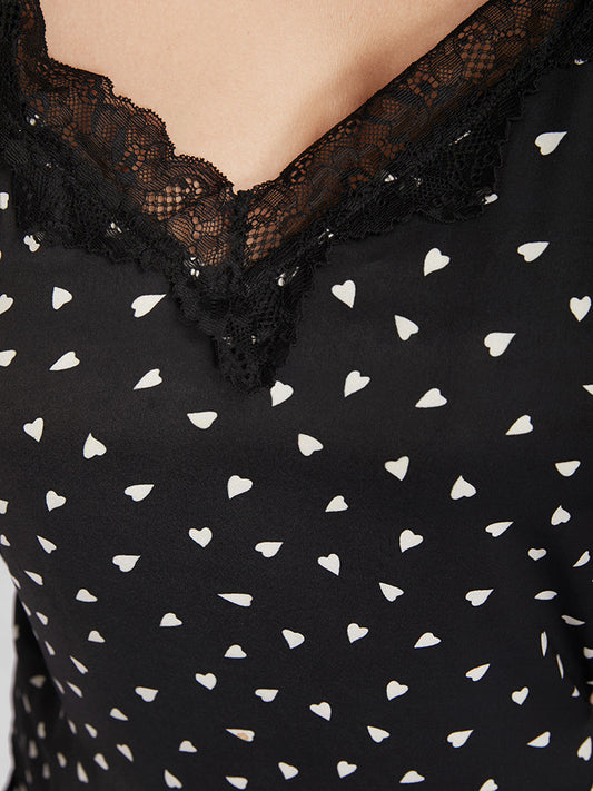 Heart Print Eyelash Lace Pajama Shorts