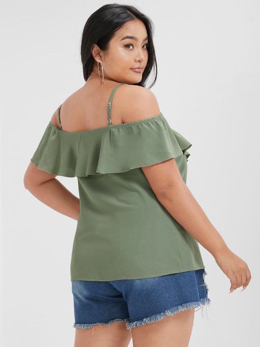 Solid Cold Shoulder Crisscross Ruffles Blouse