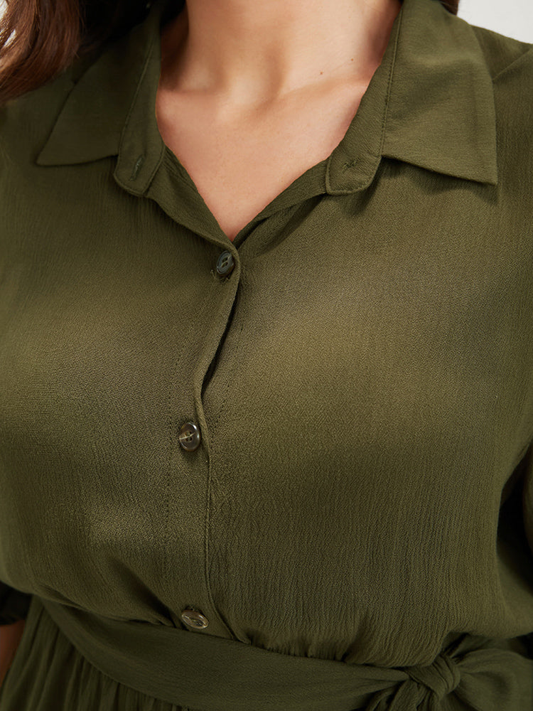 Solid Button High Low Hem Belted Shirt Collar Blouse