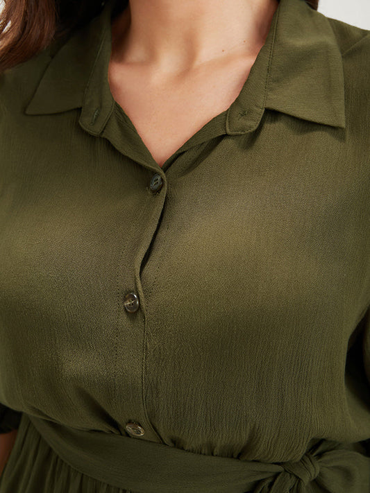 Solid Button High Low Hem Belted Shirt Collar Blouse