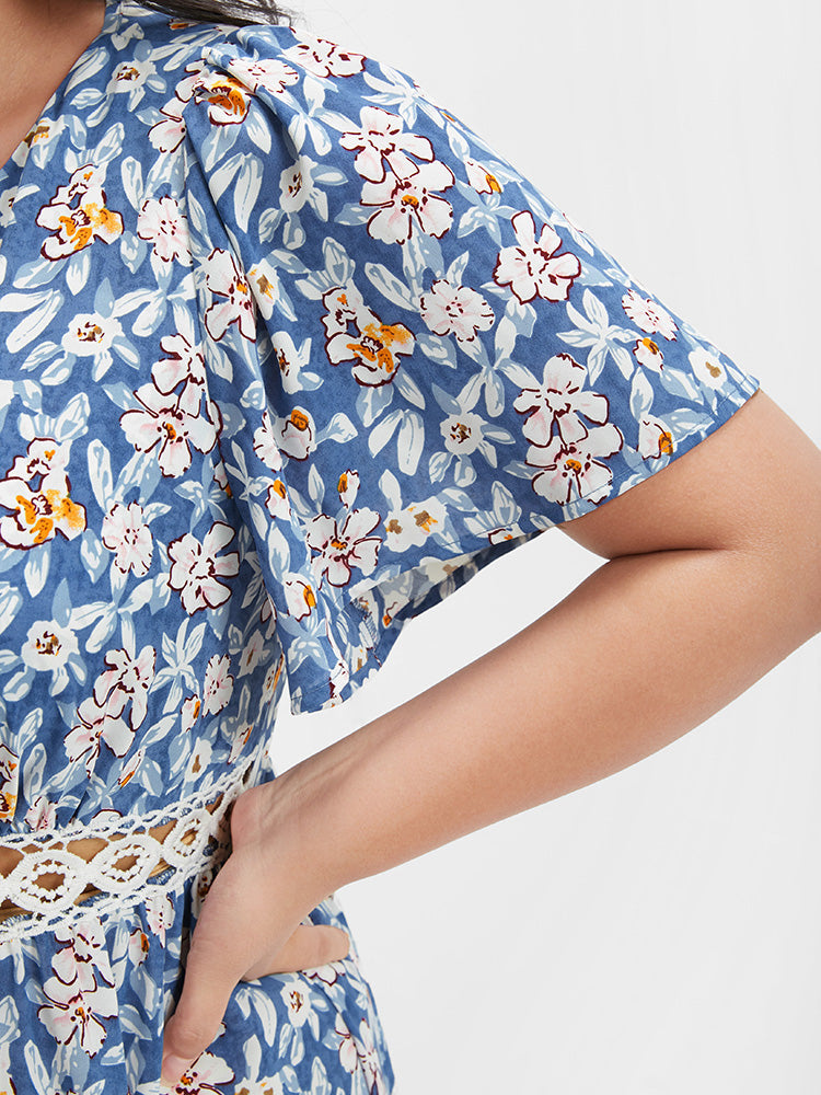 Floral Ruffles Eyelet Lace Ties Midi Dress