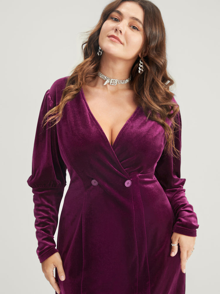 Solid Wrap Button Detail Velvet Knee Dress
