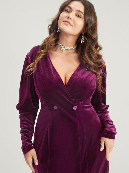 Solid Wrap Button Detail Velvet Knee Dress