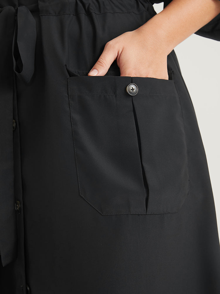 Solid Button Dolman Sleeve Drawstring Waist Flap Pocket Dress