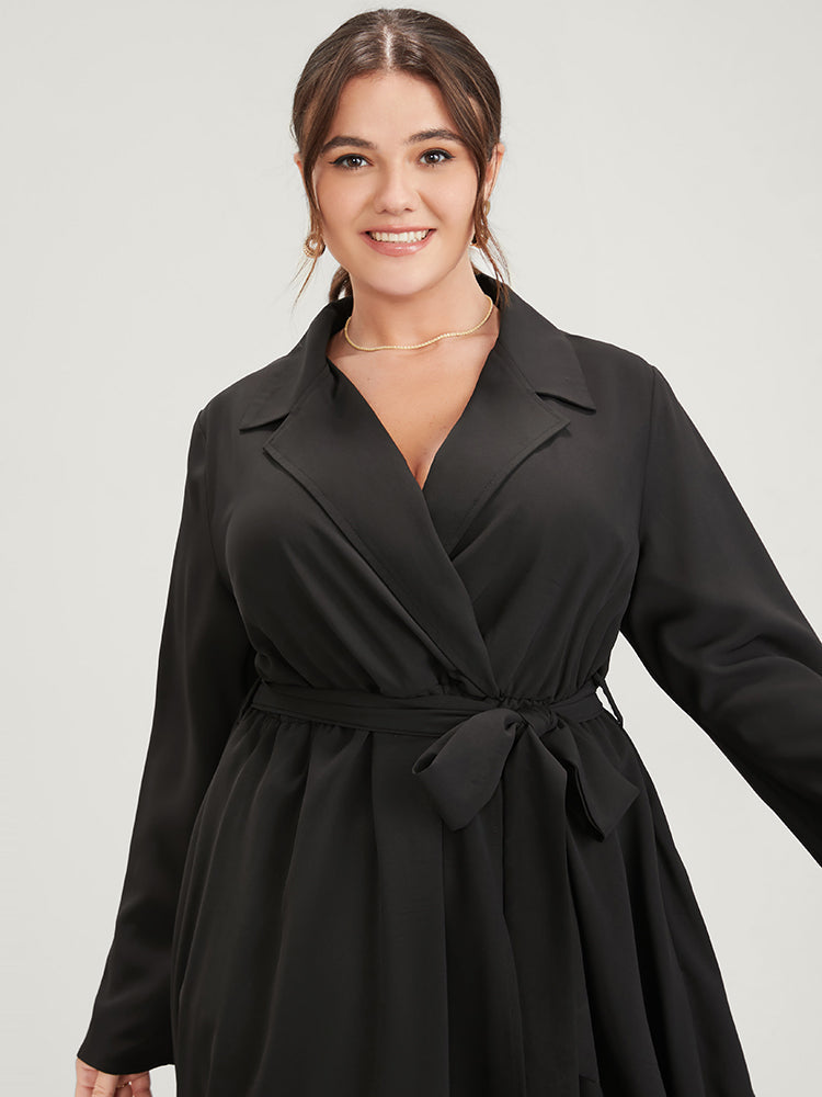 Solid Ruffles Bell Sleeve Pocket Belted Suit Collar Knee Dress