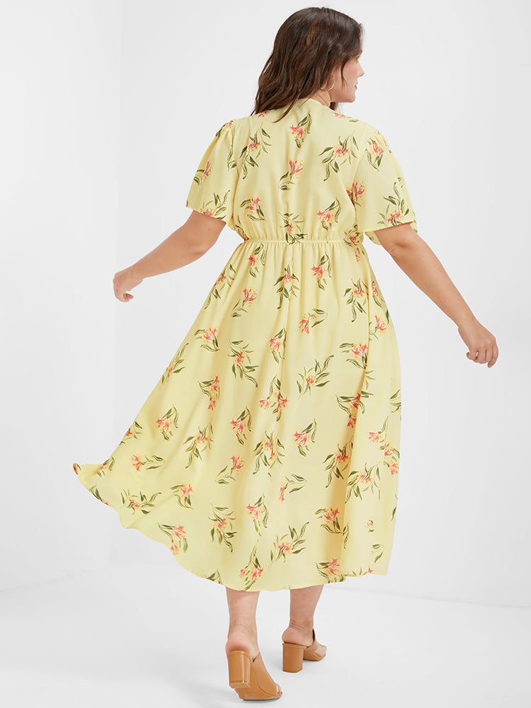 Floral Ruched Ruffles Tie Side Split Dress