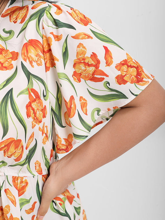 Floral  Ruffled Waistline Inside Wrap Blouse