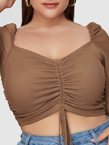 Bishop Sleeve Mesh Drawstring Crop Blouse