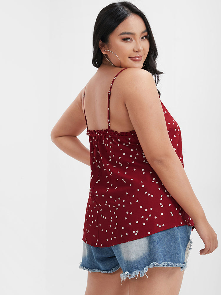 Polka Dot Spaghetti Strap Ruffles Button Tank Top