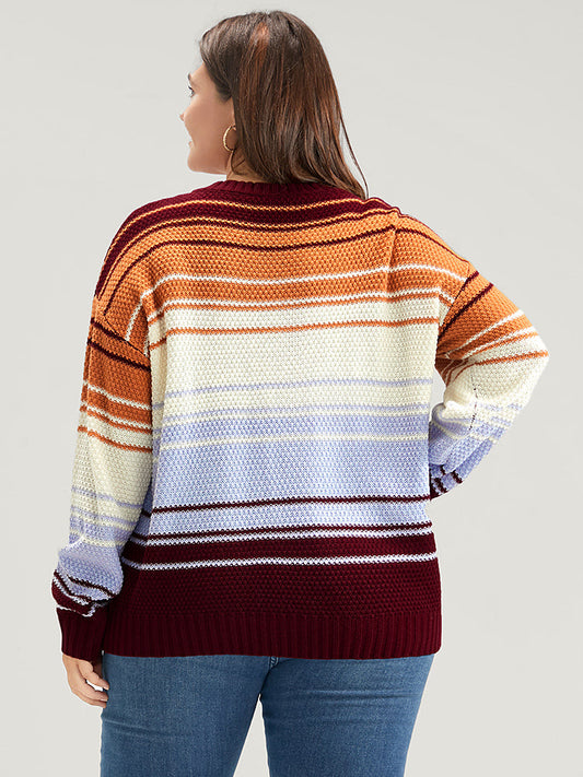 Striped Contrast Pointelle Knit V Neck Loose Knit Top