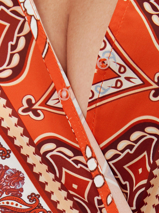 Bandana Wrap Button Ruffles Pocket Split Belted Dress