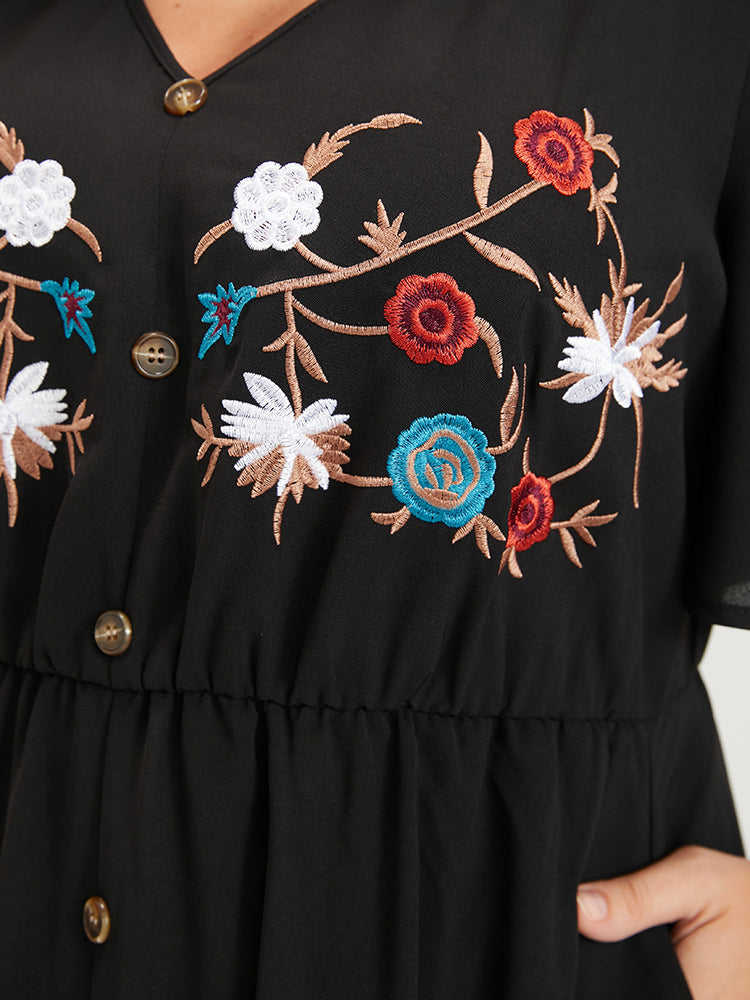 Floral Split Embroidered Pocket Button Front Ruffled Maxi Dress