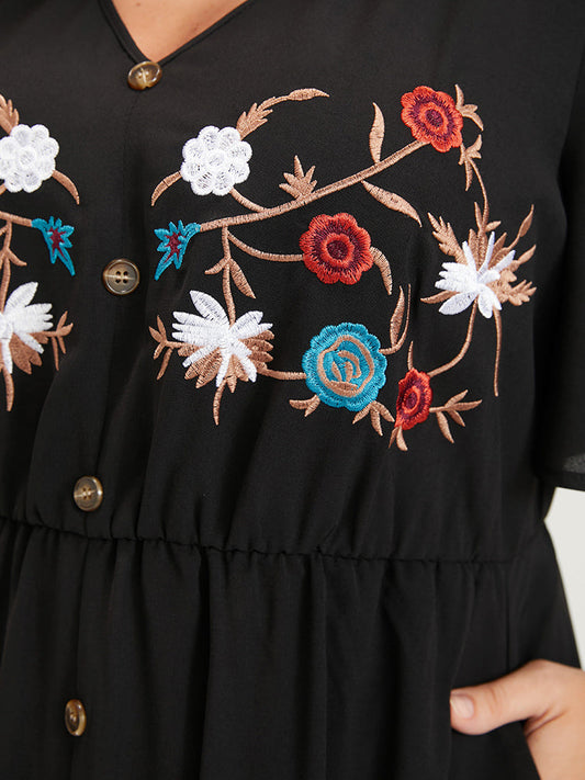 Floral Split Embroidered Pocket Button Front Ruffled Maxi Dress