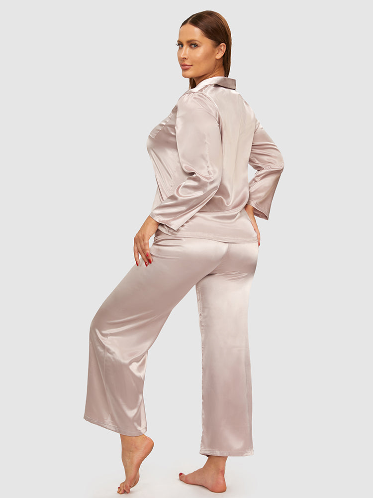 Lapel Collar Satin Button Front Pajama Set