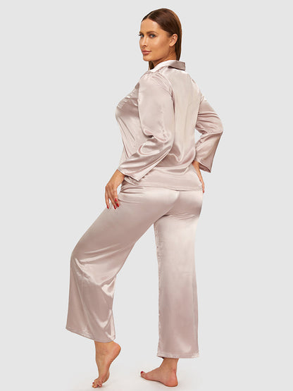 Lapel Collar Satin Button Front Pajama Set