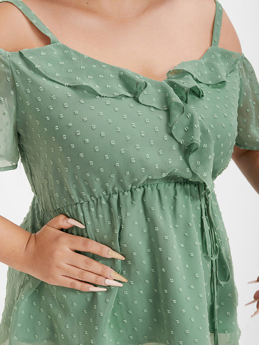 Polka Dot Cold Shoulder Ruffles Knot Blouse