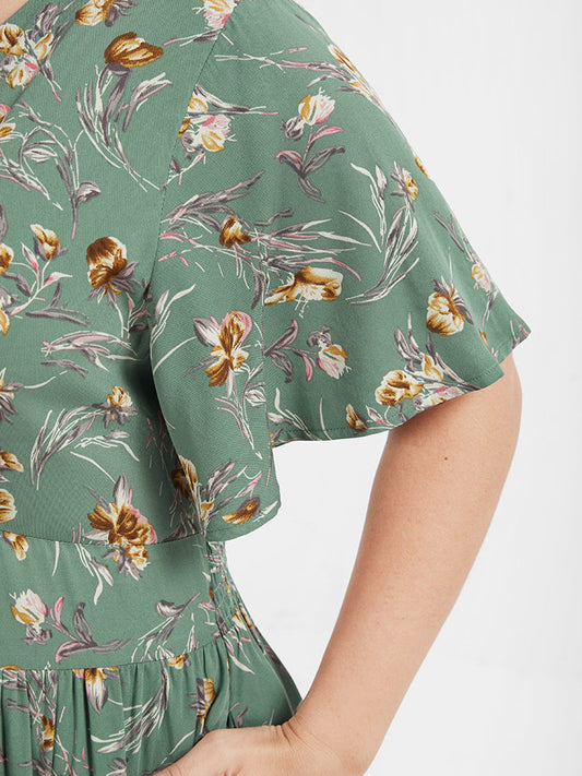 Bloom Dress - Floral Flutter Shirred Pocket V Neck Dress