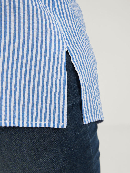 Striped Pocket Cuffed Sleeve Shirt Collar Blouse