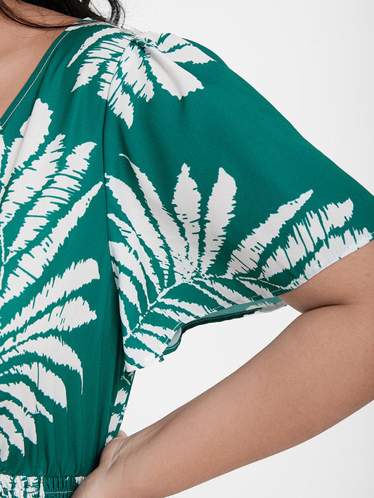 Tropical Print Ruffle V Neck Button Maxi Dress