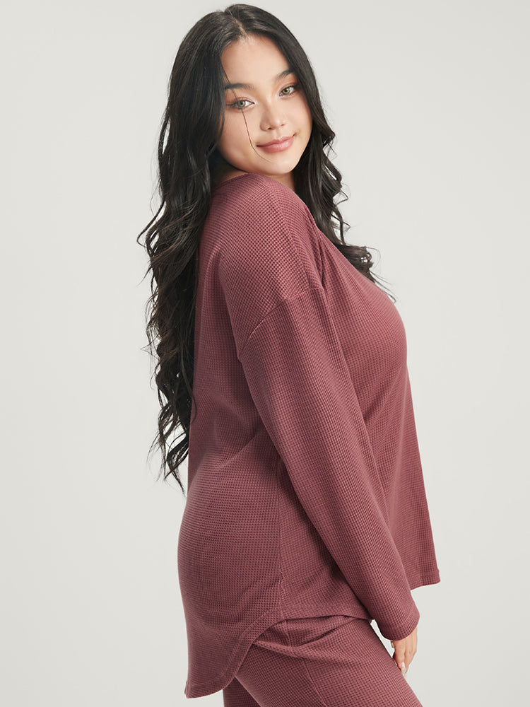 Solid Asymmetrical Hem Waffle Knit Pajama Set