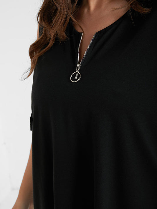 Solid Zipper Cold Shoulder  T-shirt