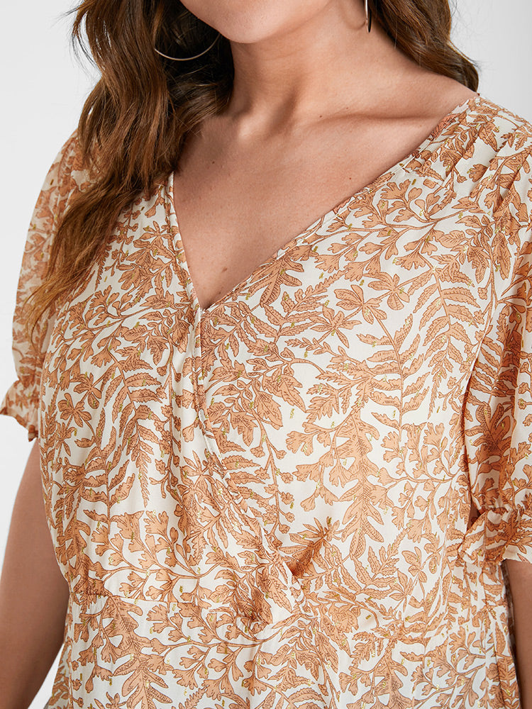 Ditsy Floral Puff Sleeve Ruffled Frill V Neck Blouse