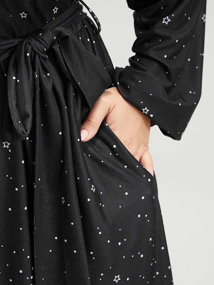 Star Print Pocket Lantern Sleeve Belted Surplice Neck Dress