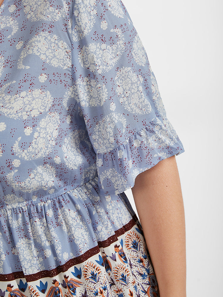 Floral Elastic Waist Flutter V Neck Blouse