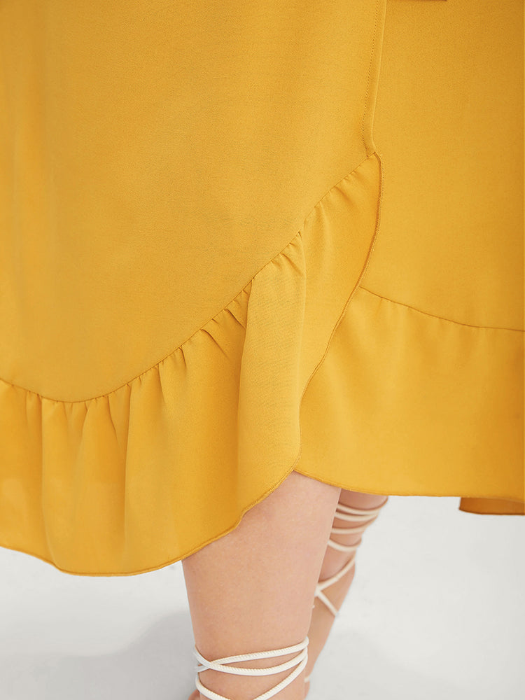 Solid Belted Button Pocket Ruffles Bell Sleeve Midi Dress