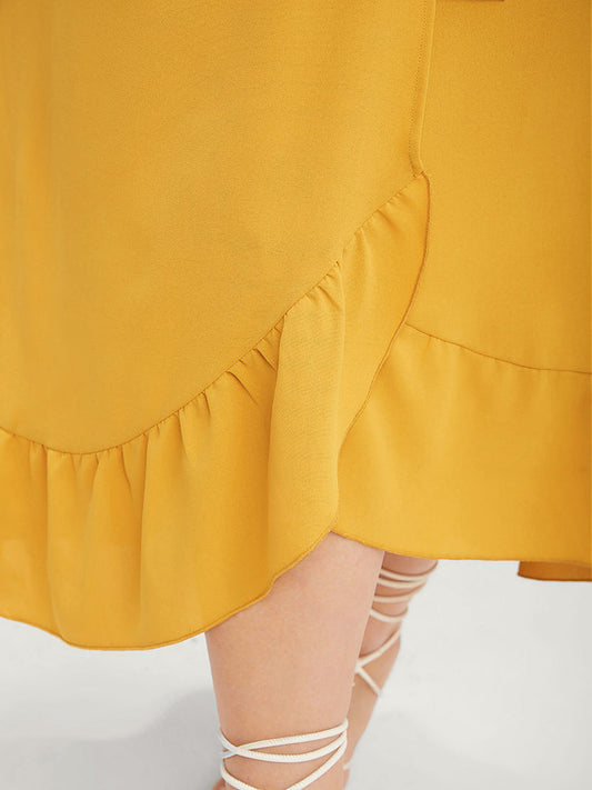 Solid Belted Button Pocket Ruffles Bell Sleeve Midi Dress