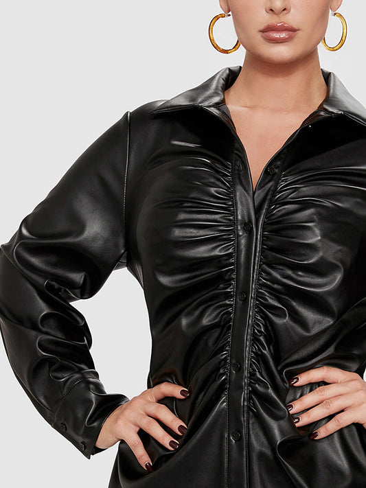 Button PU Leather Ruched Bodycon Dress