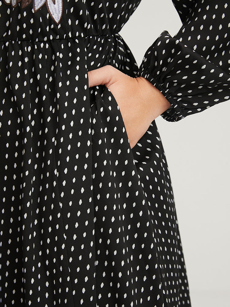 Polka Dot Split Lantern Sleeve Pocket Embroidered Flutter Midi Dress