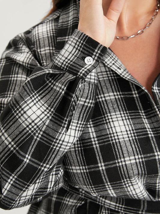 Button Down Shirt Collar Belted Plaid Blouse